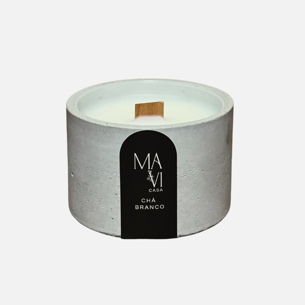Vela vegetal Chá Branco 70g com pavio de madeira em pote de concreto