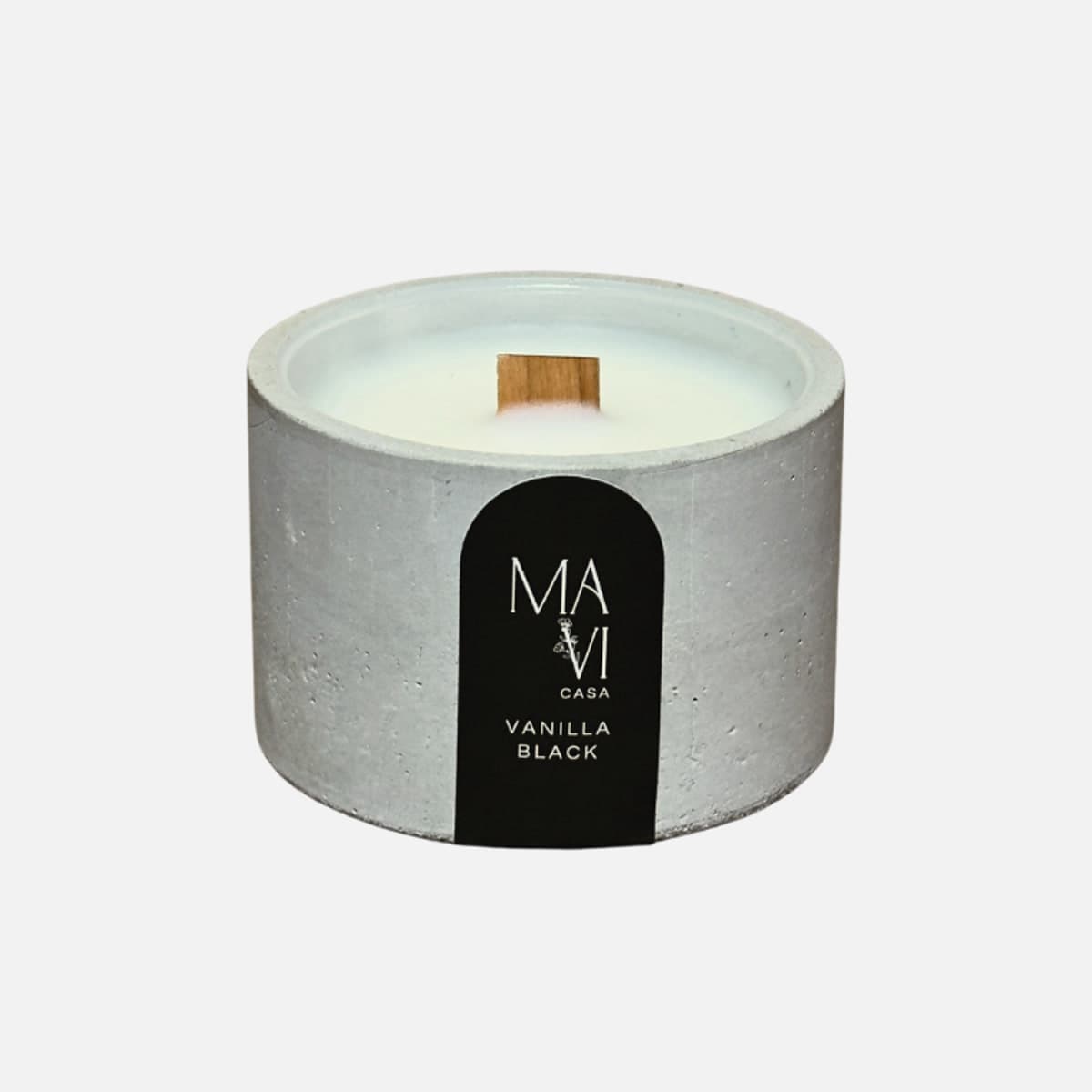 Vela vegetal Vanilla Black 70g com pavio de madeira em pote de concreto