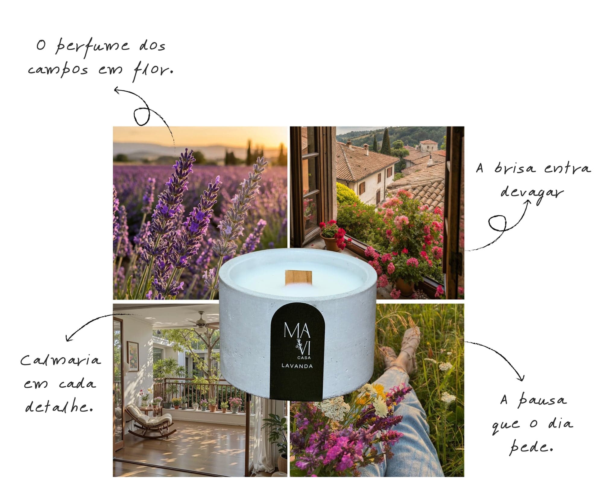 Moodboard do aroma Lavanda: campo de lavanda ao pôr do sol, janela aberta com gerânios, varanda ensolarada com cadeira de balanço e um buquê de flores do campo, em volta da vela Lavanda