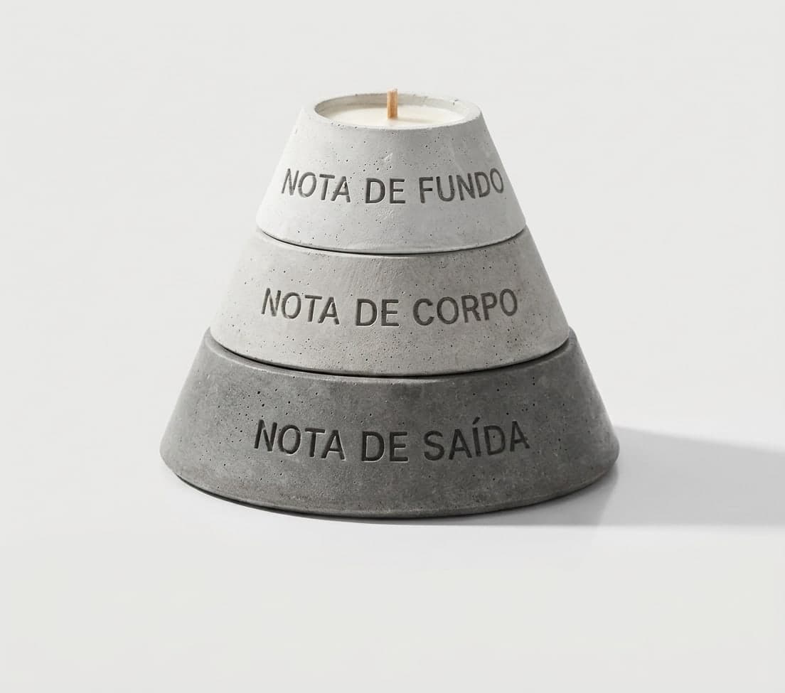 Pirâmide de concreto simbolizando a pirâmide olfativa: notas de saída, corpo e fundo