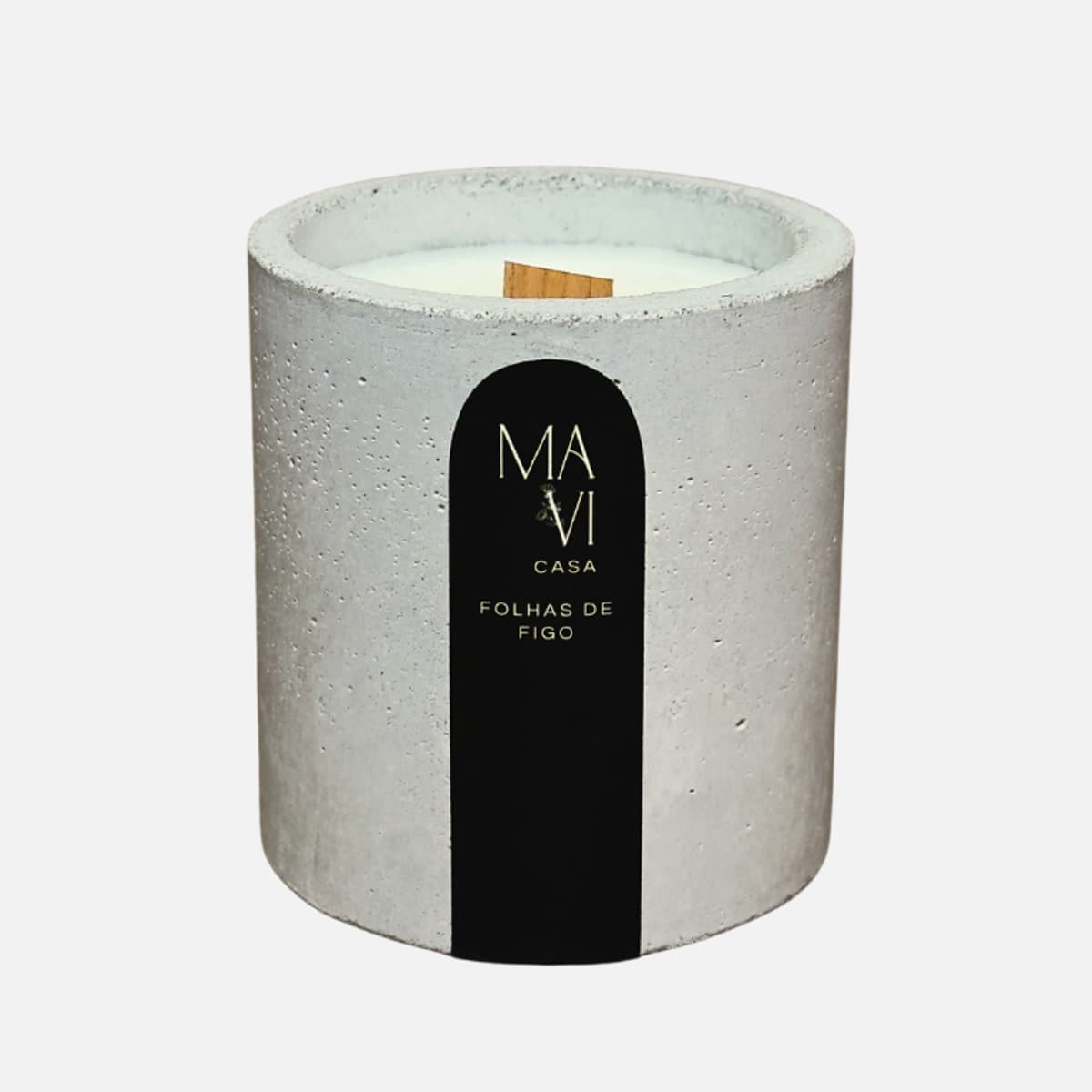 Vela vegetal Folhas de Figo em pote de concreto com rótulo preto Mavi Casa