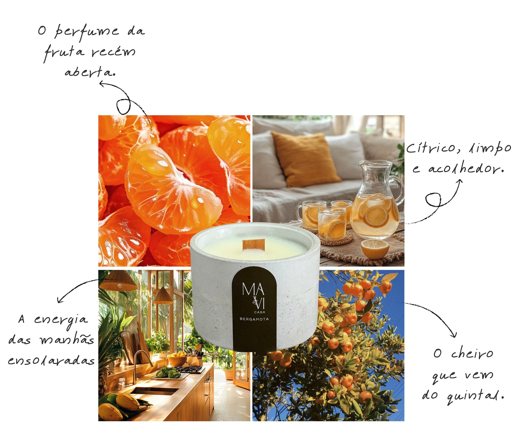 Moodboard do aroma Bergamota: gomos de mexerica, jarra de água com rodelas de laranja numa sala clara, cozinha ensolarada e um pé de laranja ao sol, em volta da vela Bergamota
