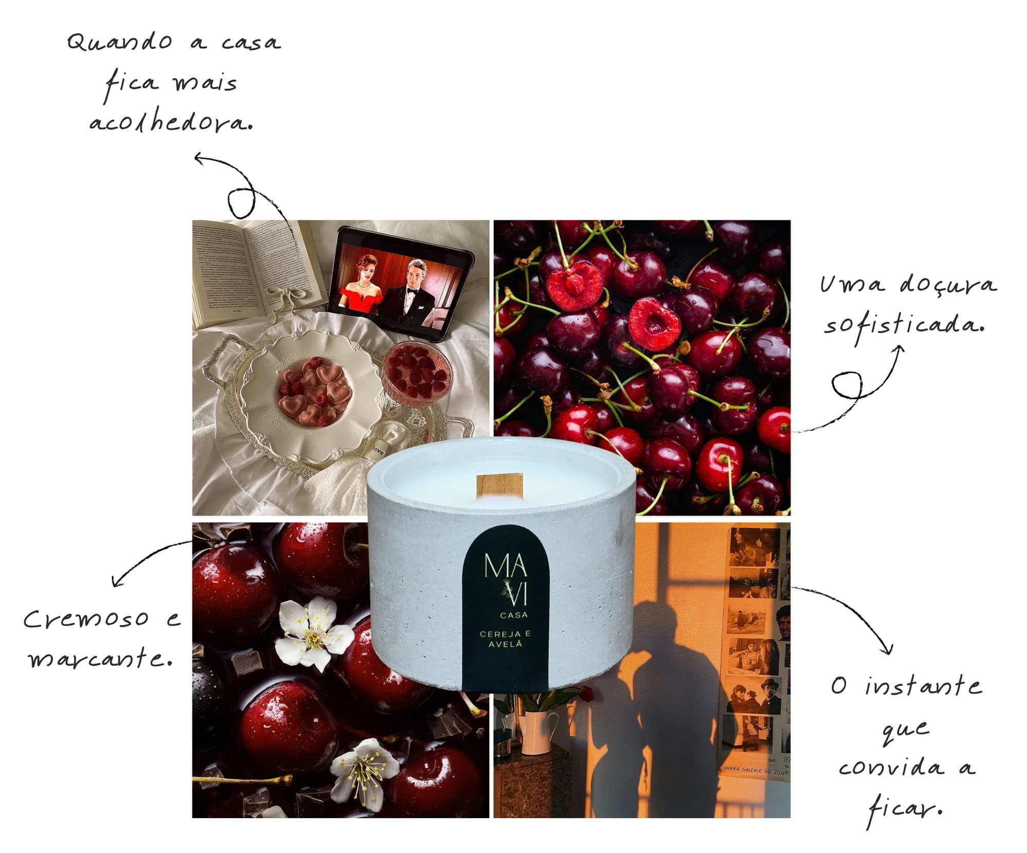 Moodboard do aroma Cereja e Avelã: livro aberto e bombons em bandeja de prata, cerejas frescas, cerejas com chocolate e uma parede alaranjada ao entardecer, em volta da vela Cereja e Avelã