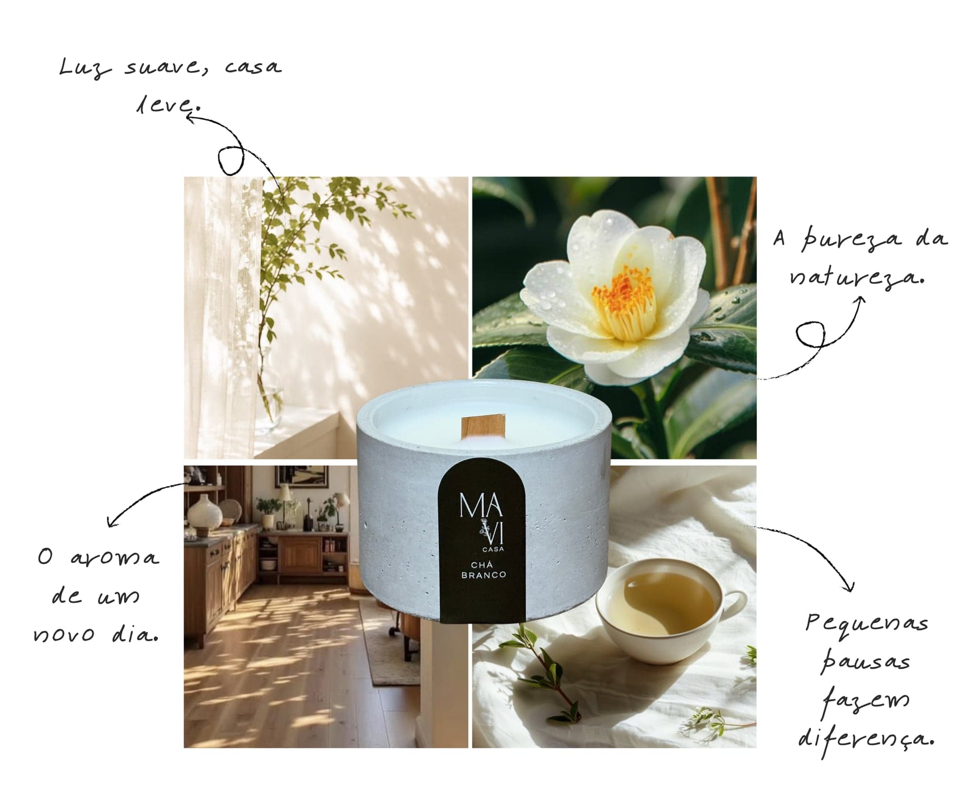 Moodboard do aroma Chá Branco: cortina de voil ao sol, flor branca de chá com orvalho, cozinha clara de madeira e uma xícara de chá sobre linho, em volta da vela Chá Branco