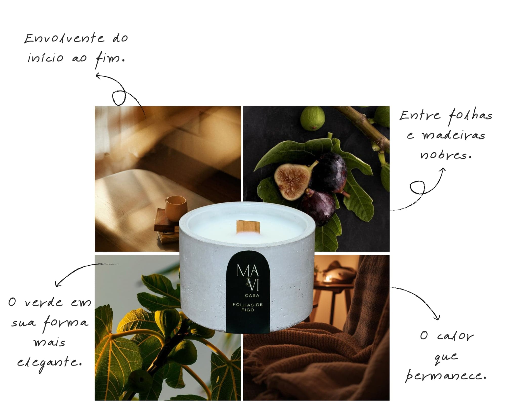 Moodboard do aroma Folhas de Figo: luz dourada sobre mesa de madeira, figos abertos com folhas de figueira, folhagem verde contra a luz e uma manta de tricô, em volta da vela Folhas de Figo