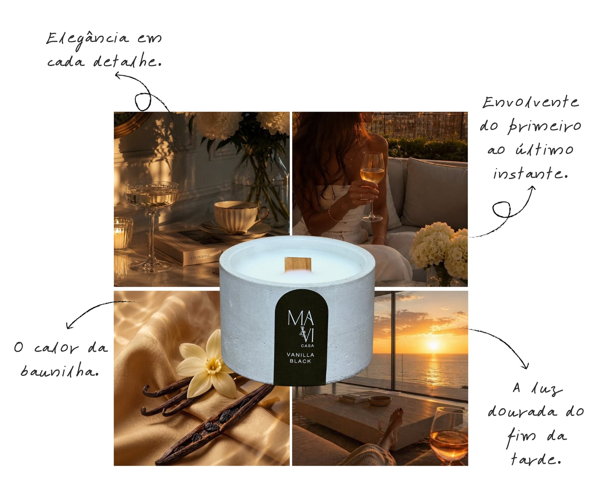 Moodboard do aroma Vanilla Black: mesa posta com peônias brancas, terraço ao pôr do sol, favas de baunilha sobre tecido bege e sala com vista para o mar, em volta da vela Vanilla Black