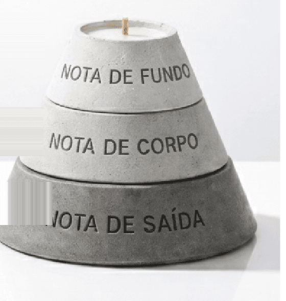 Pirâmide de concreto simbolizando a pirâmide olfativa: notas de saída, corpo e fundo